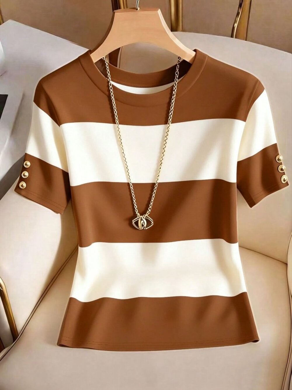 Brown Casual Women's Round Neck Colorblock Striped Print Short Sleeve T-Shirt